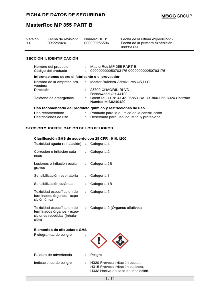 MSDS002.MasterRoc MP 355 PART B | PDF | Alergia | Agua