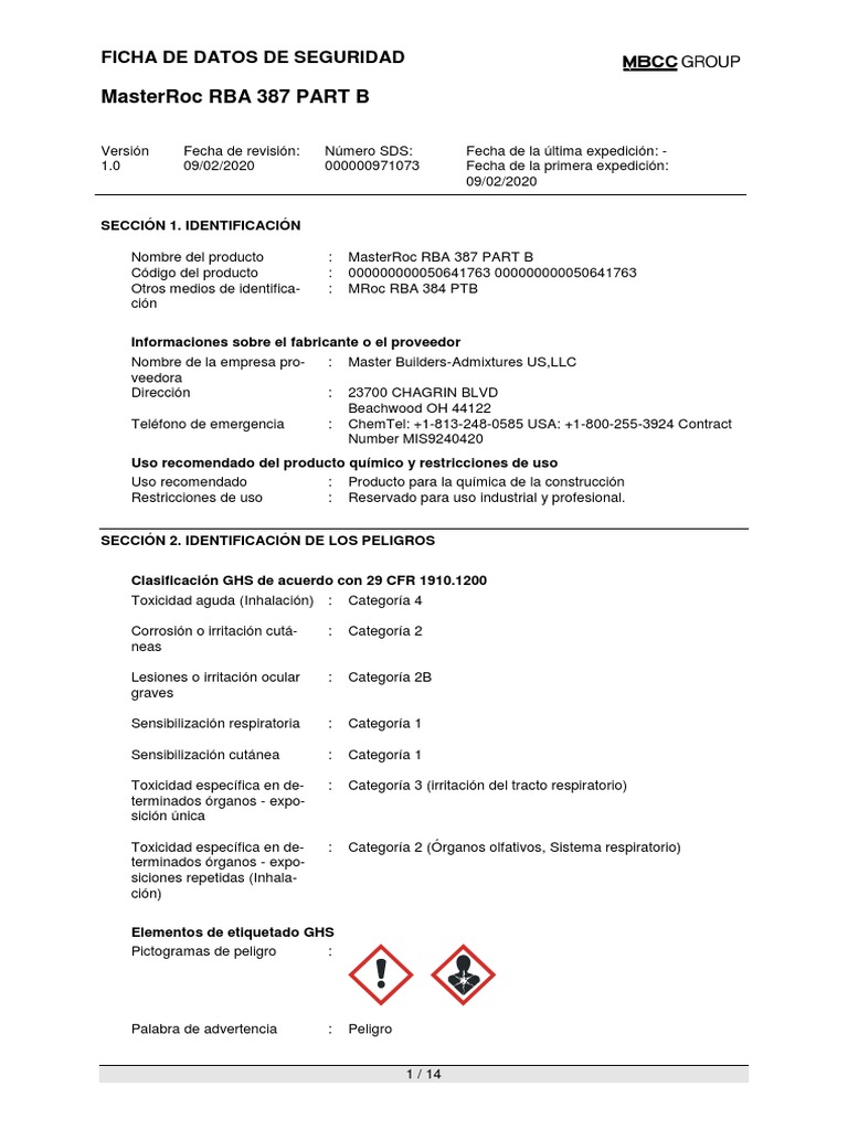 MSDS017 Masterroc Rba 387 Part B Sds | PDF | Alergia | Agua