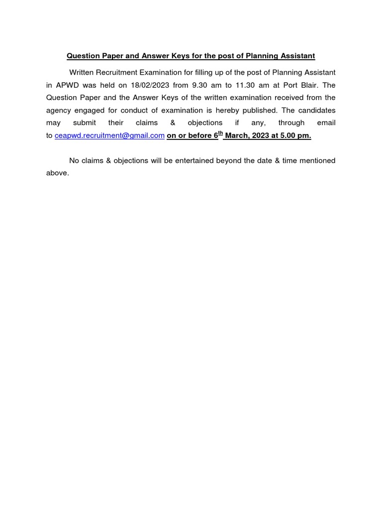 Question Paper and Answer Keys For The Post of Planning Assistant | PDF