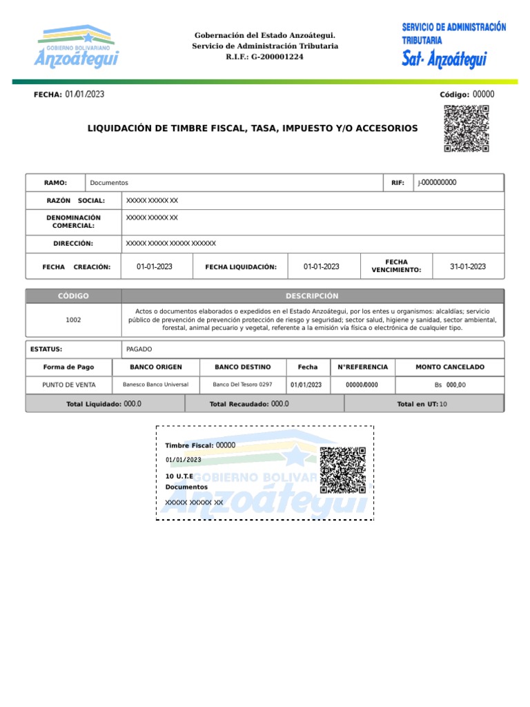 Liquidación de Timbre Fiscal Anzoátegui | PDF | Finanzas y dinero ...
