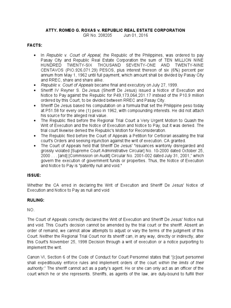 ROXAS V REPUBLIC REAL ESTATE | PDF | Writ | Government
