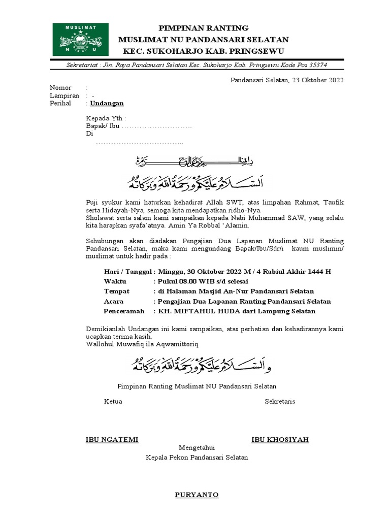 Undangan Pengajian Muslimat NU Pandansari | PDF