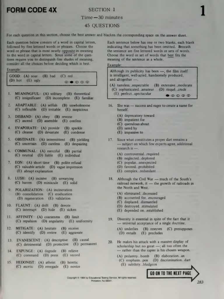 FORM CODE 4X Section I: Time - 30 Minutes 45 Questions | PDF ...