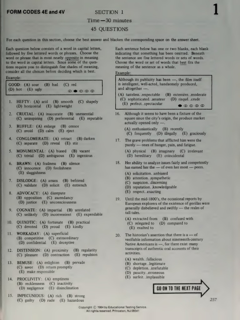 Form Codes 4E and 4V Section 1 Time - 30 Minutes 45 Questions | PDF ...