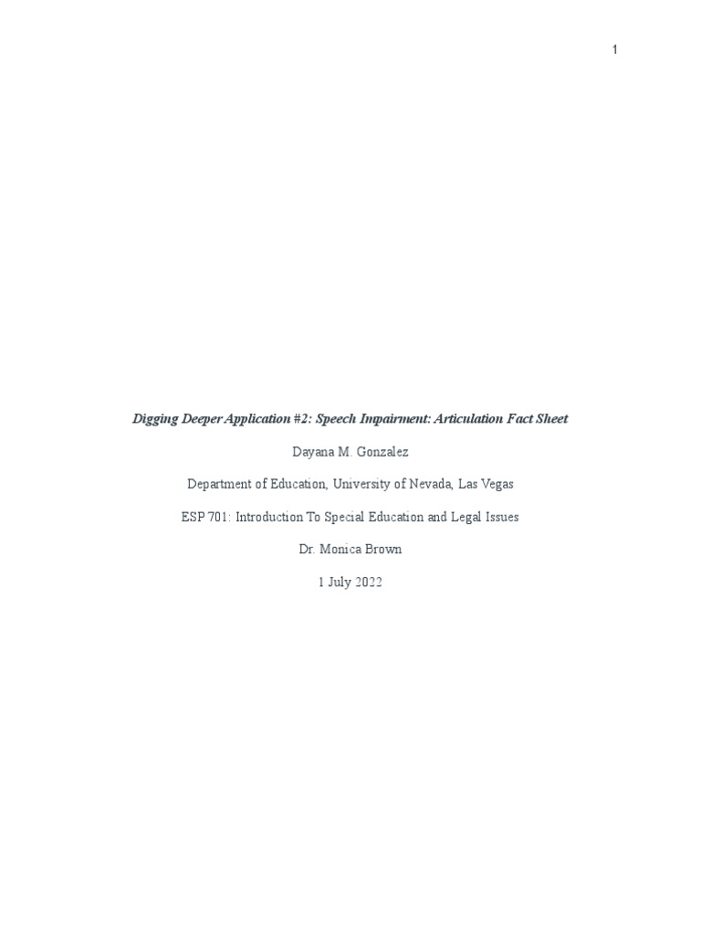 Digging Deeper Application 2 Speech Impairment Articulation Fact Sheet