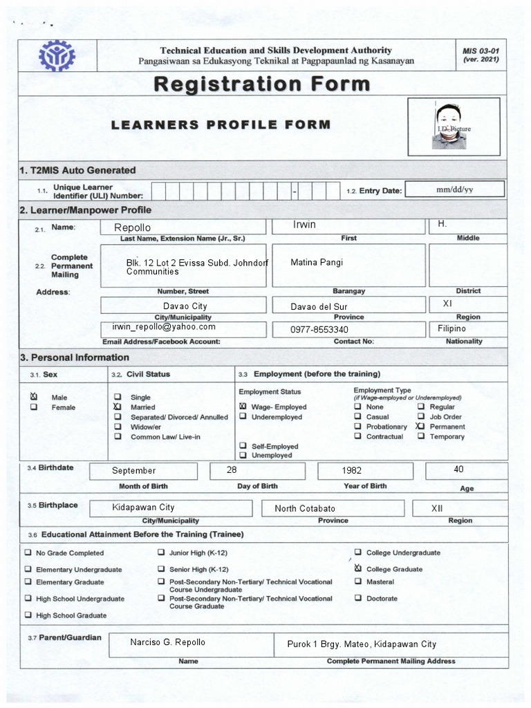 TESDA DPA Form 1 Registration Form MIS 03 01 Irwin Repollo PDF Disability