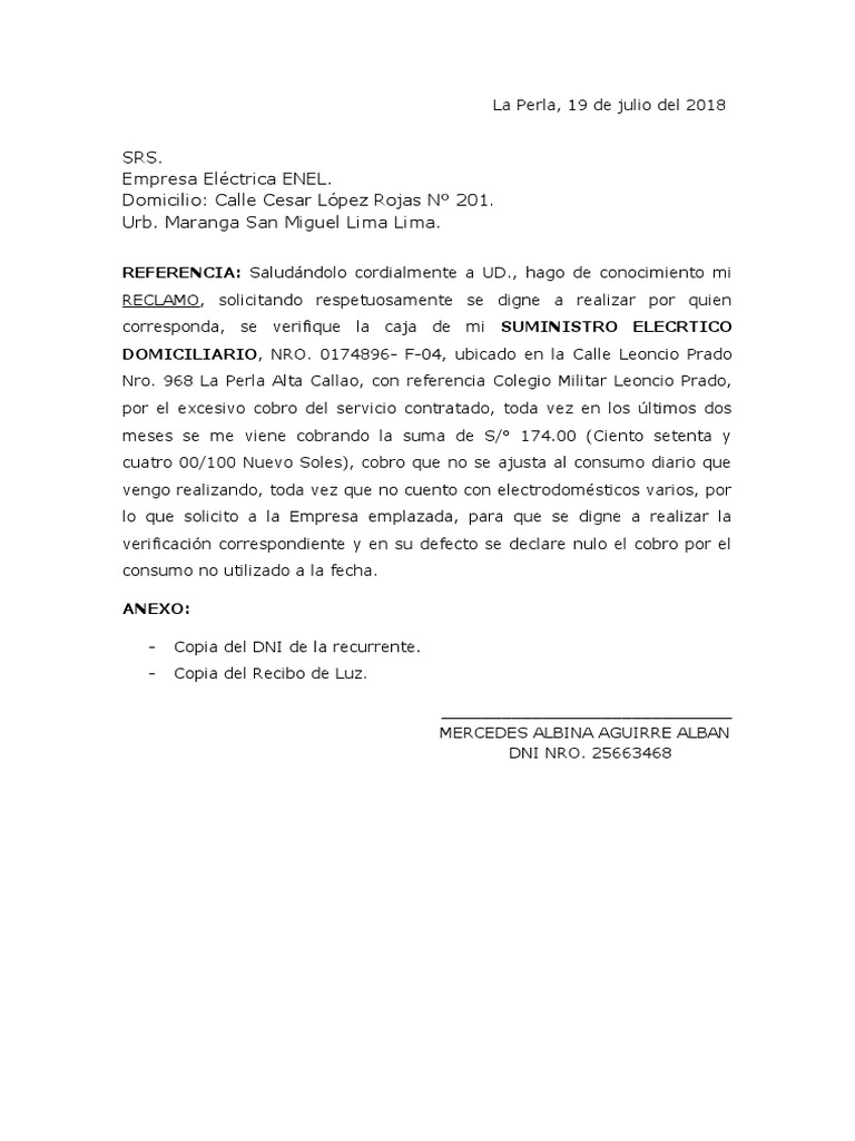 Reclamo por Cobro Excesivo de Luz | PDF