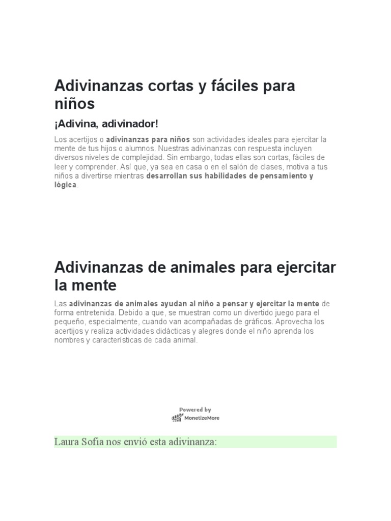 Adivinanzas Cortas y Fáciles para Niños | PDF