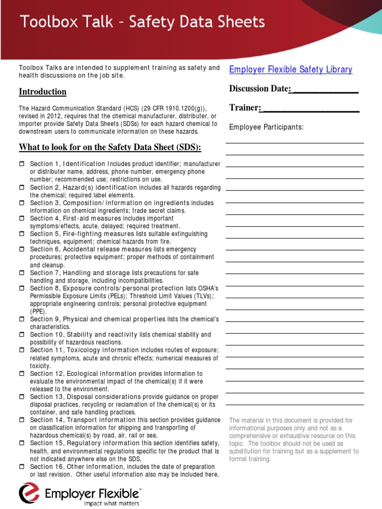 Toolbox Talks Safety Data Sheets Pdf Personal Protective