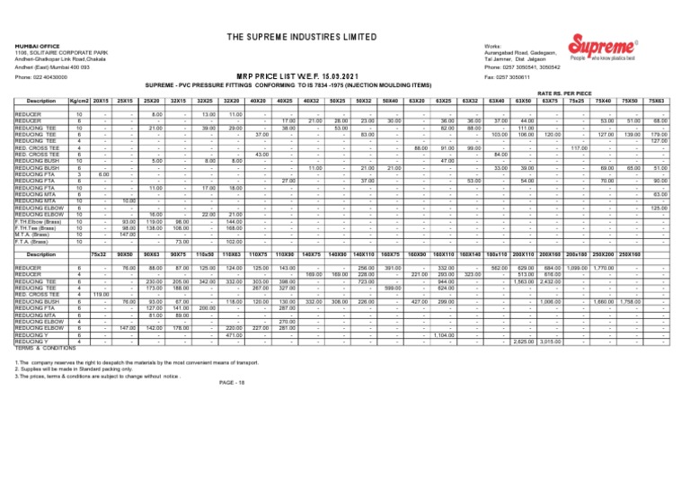 MRP Price List for Supreme PVC Pressure Fittings Conforming to IS 7834