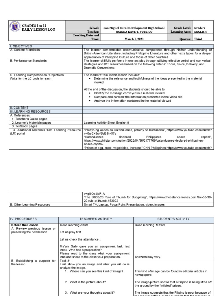 Detailed lesson plan determine the relevance and truthfulness of the