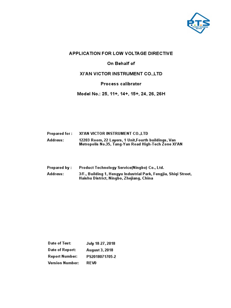 Application For Low Voltage Directive On Behalf of Xi'An Victor ...