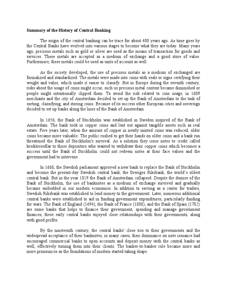 Summary of The History of Central Banking PDF Banks Central Banks