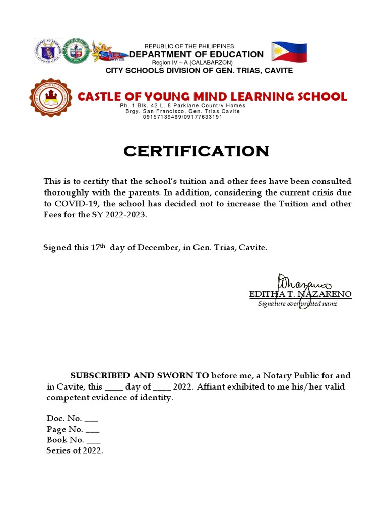 Certificate confirming Castle of Young Mind Learning School will not ...