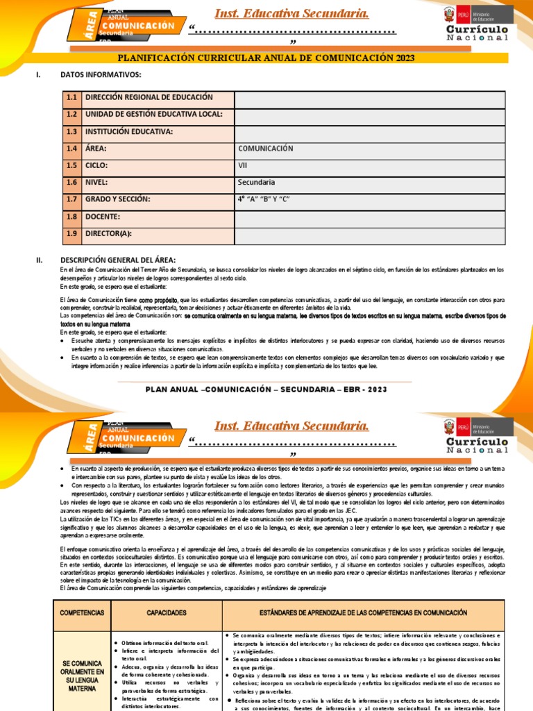 Plan Anual Comunicación Secundaria 2023 | PDF | Comunicación | Aprendizaje