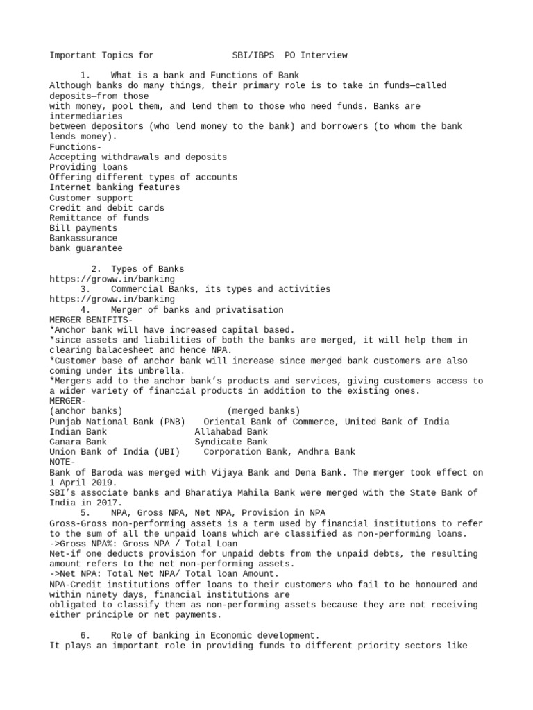 Important topics for bank interview download free pdf reserve bank