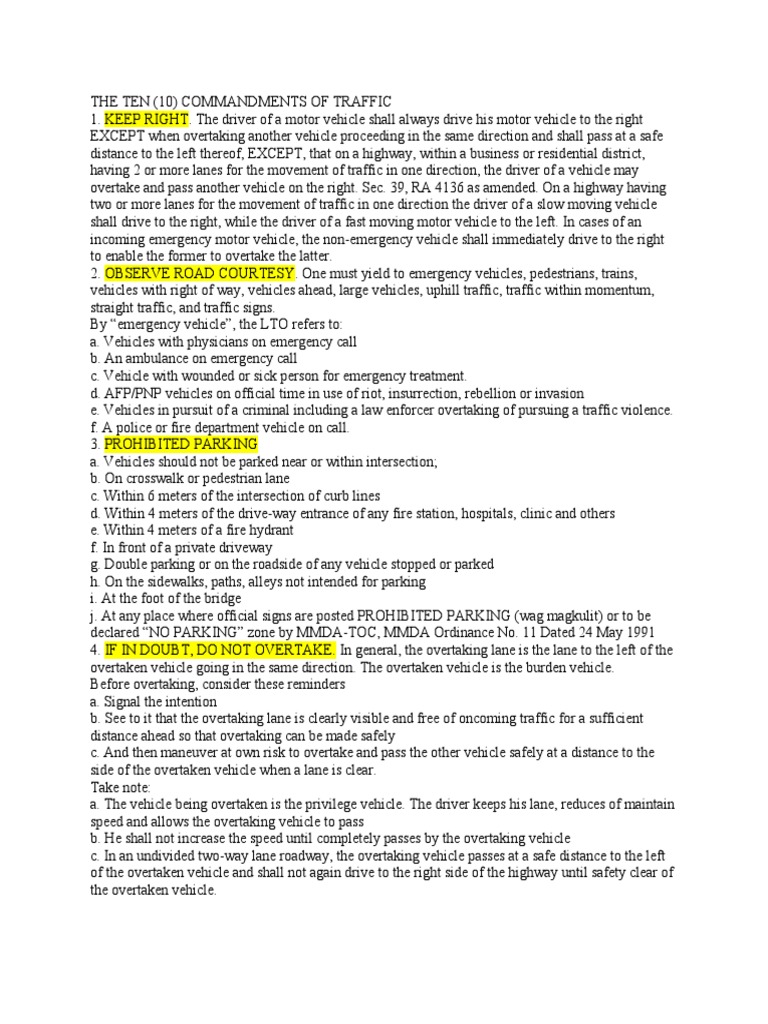 The Ten 10 Commandments of Traffic PDF Traffic Intersection (Road)