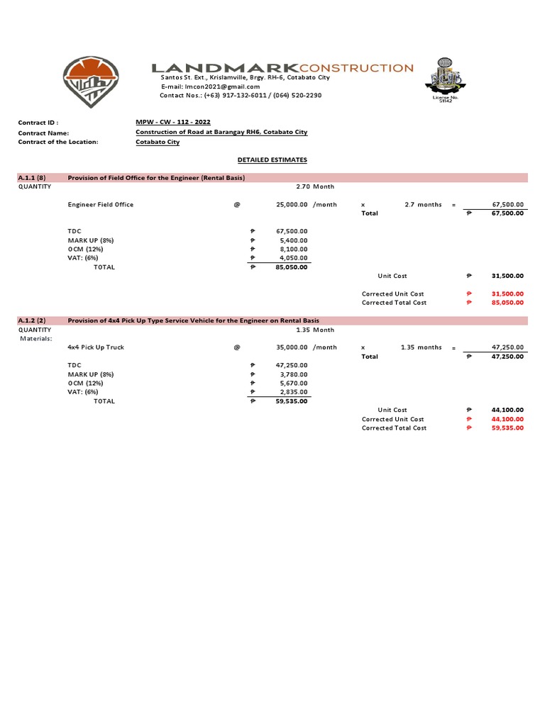 Road Construction Estimates for RH6 | PDF | Concrete | Building Materials