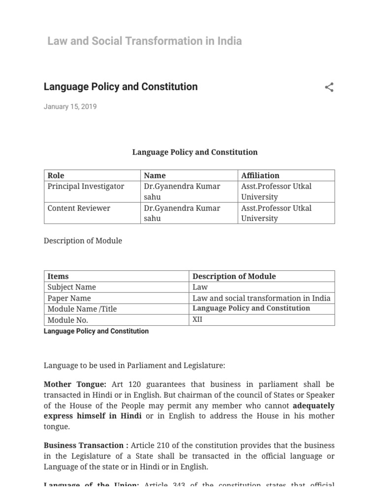 Language Policy in Indian Constitution | PDF | Political Law | Legal ...