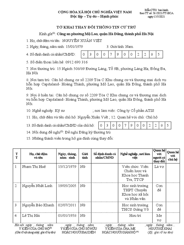 CT01 T Khai Thay Đ I Thông Tin Cư Trú. | PDF