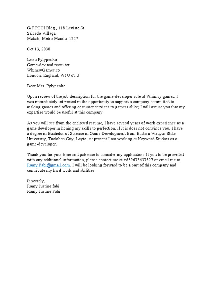 Game Developer Application Letter | PDF