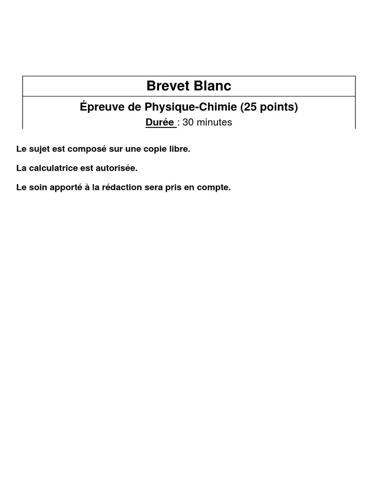 Brevet Blanc Physique Chimie 2022 Physique-Chimie - DNB - Blanc 2022 | PDF | Chimie | Réactions chimiques