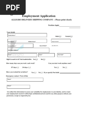 ALLEGRO DELIVERY SHIPPING COMPANY EMPLOYMENT APPLICATION FORM