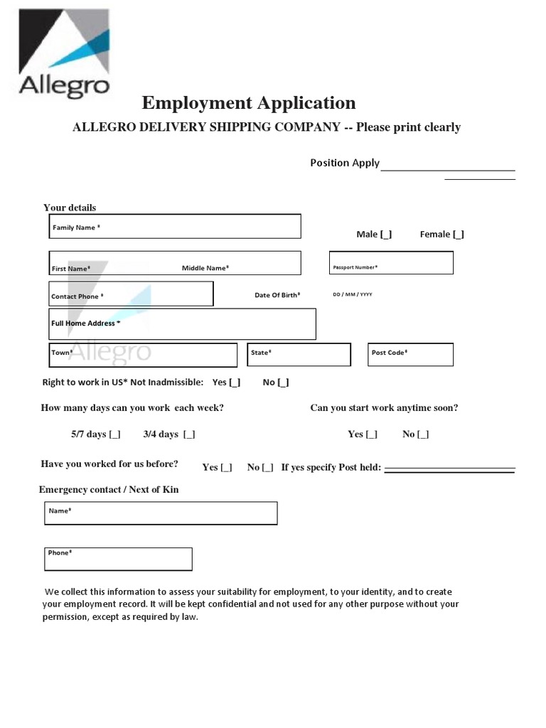 Allegro Delivery Shipping Company Employment Application Form