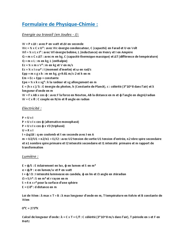 Formulaire de PhysiqueChimie Terminale PDF Grandeur physique — free download