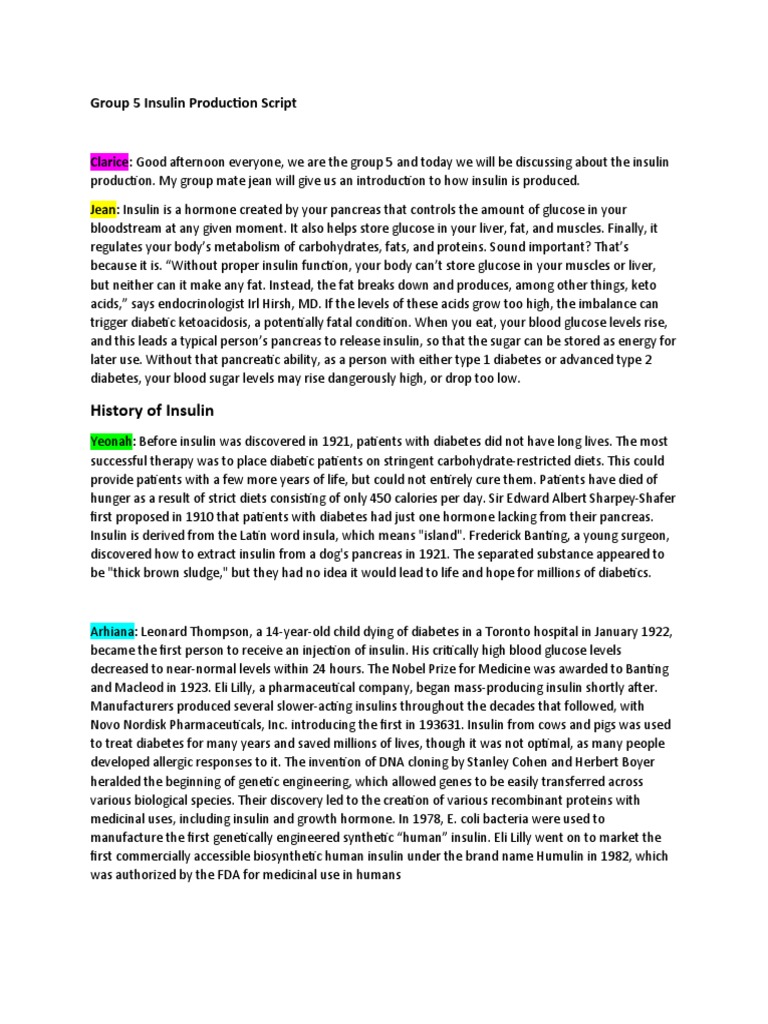 History of Insulin Group 5 Insulin Production Script PDF Insulin