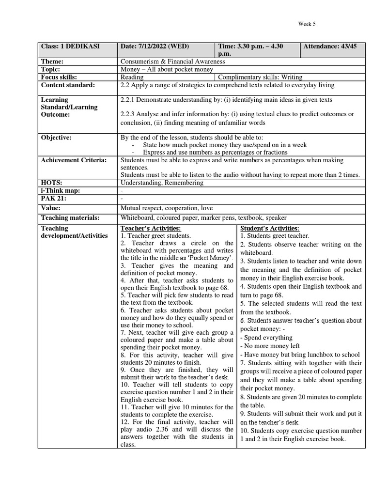 Form 1 English Lesson Plan | PDF | Teachers | Communication