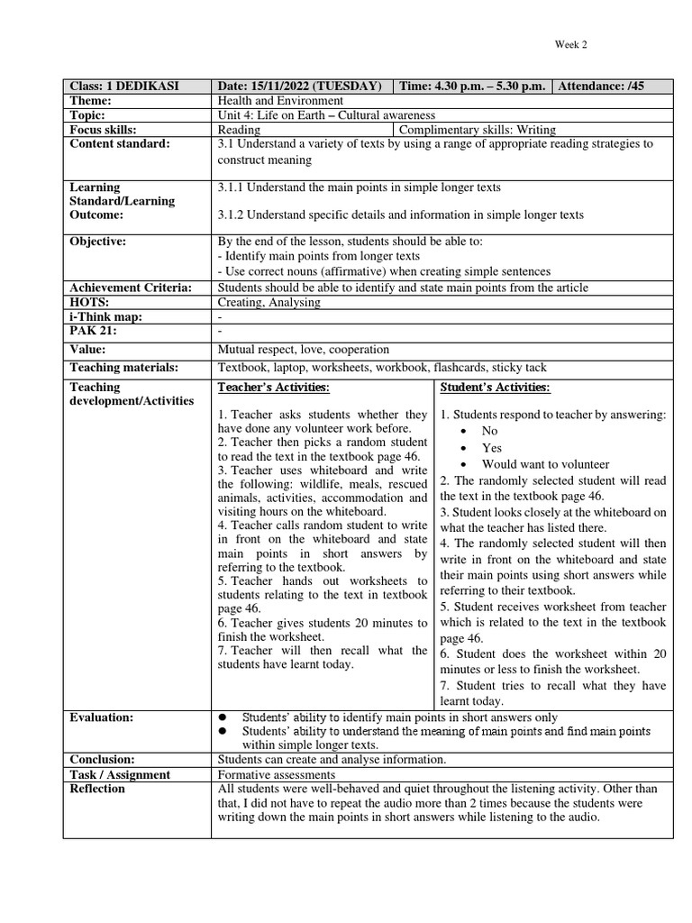 Form 1 English Lesson Plan | PDF | Teachers | Textbook