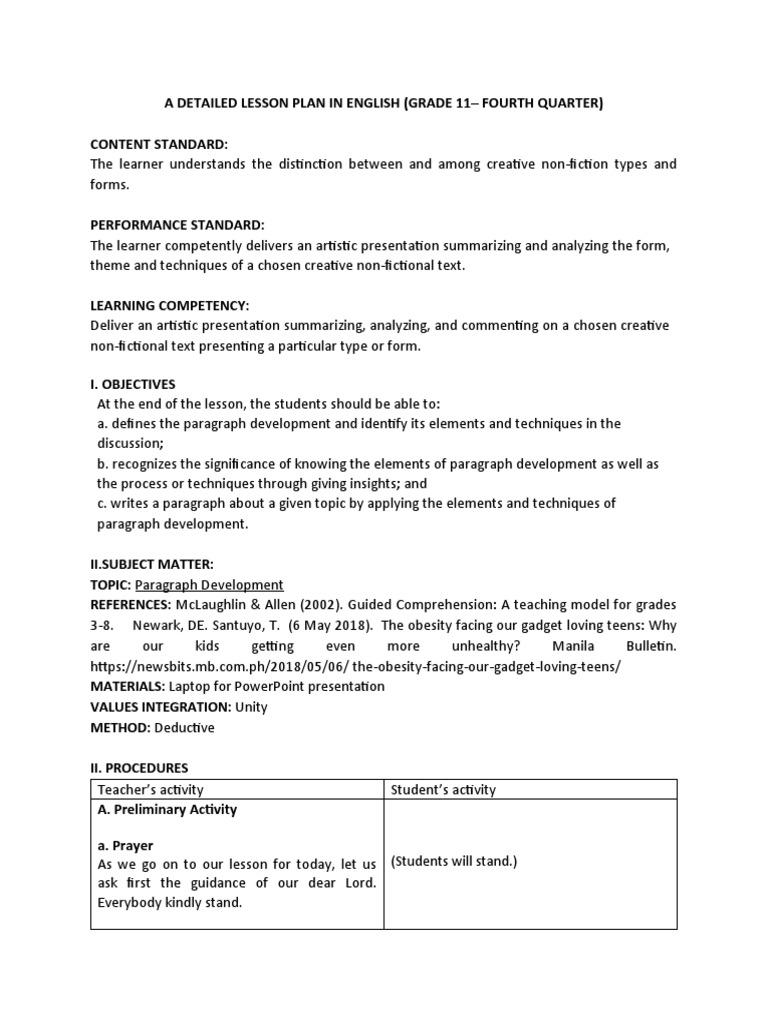 A Detailed Lesson Plan In English Pdf Paragraph Learning