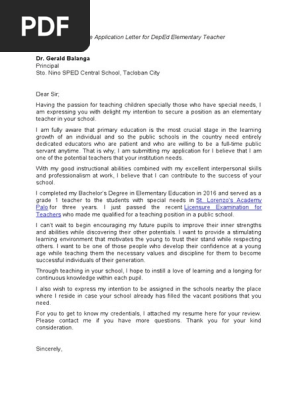SAMPLE APPLICATION LETTER (TEACHER)
