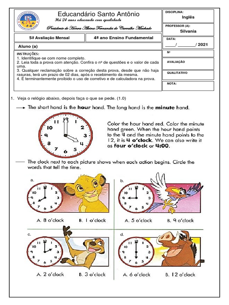 Prova de Inglês 4º Ano Fundamental | PDF