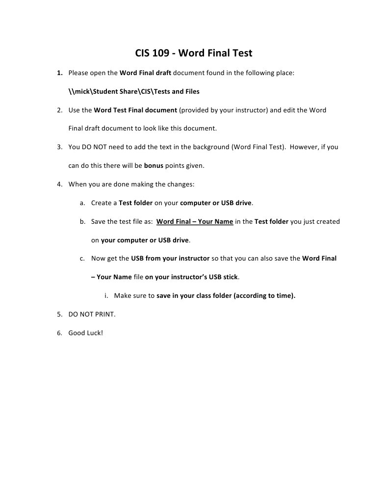 CIS 109 Word Final Test Instructions | PDF