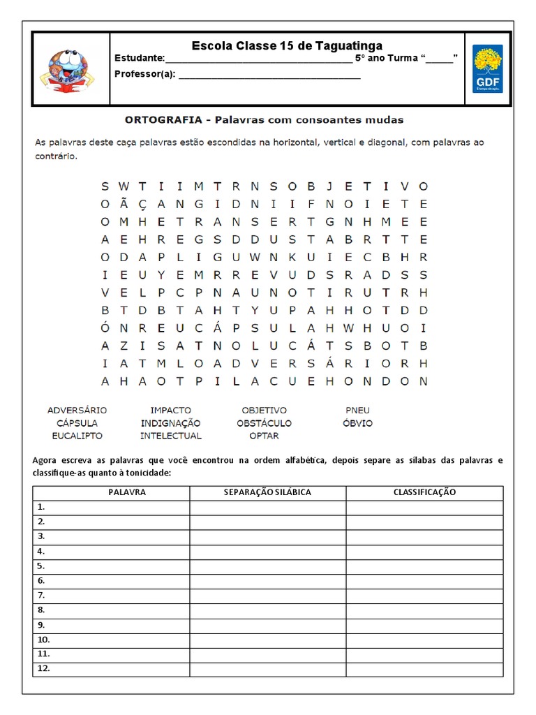 Atividades com Consoantes Mudas 5º Ano | PDF