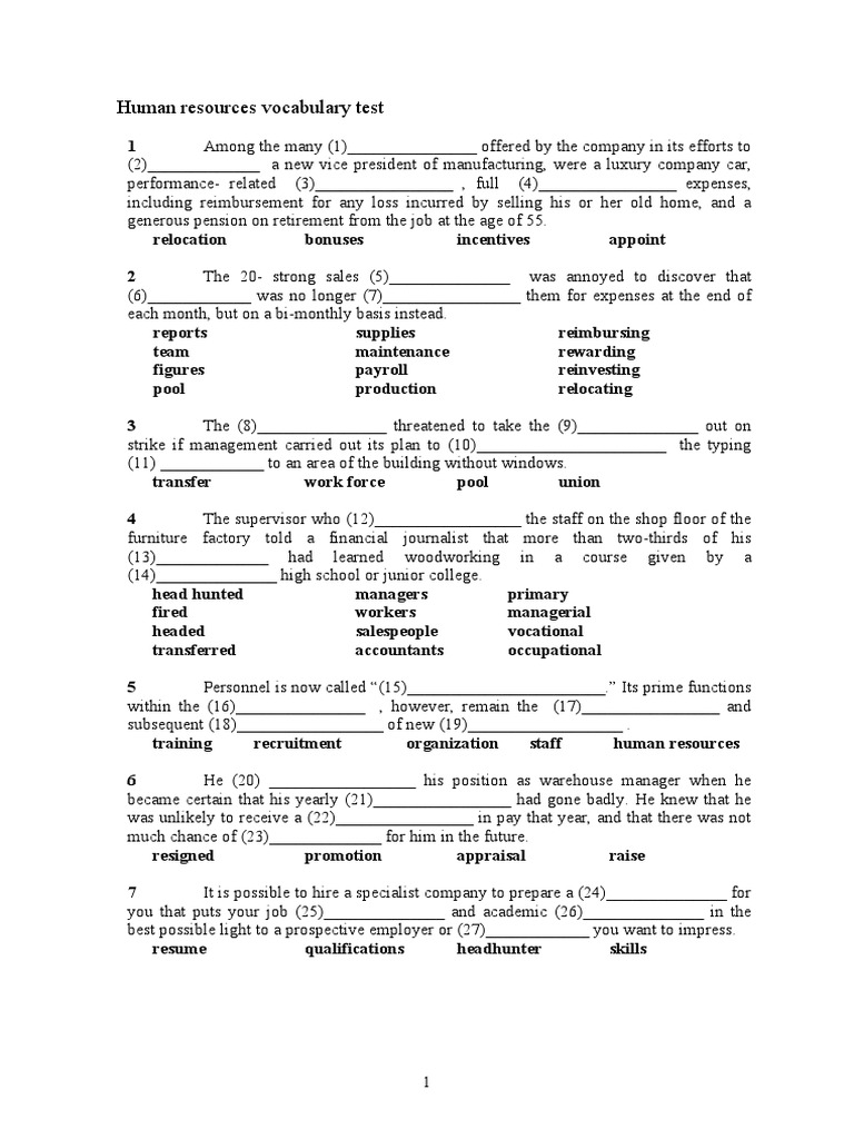 Human Resources Vocabulary Test PDF Human Resources Employment