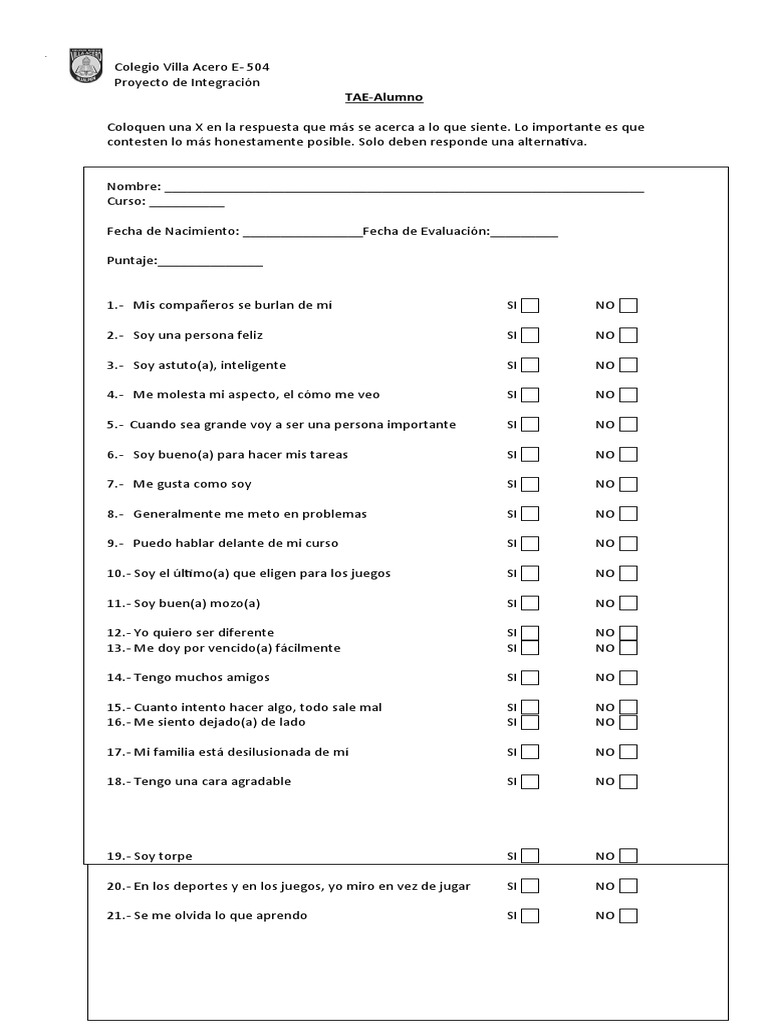 Test de Autoestima TAE 2015 | PDF