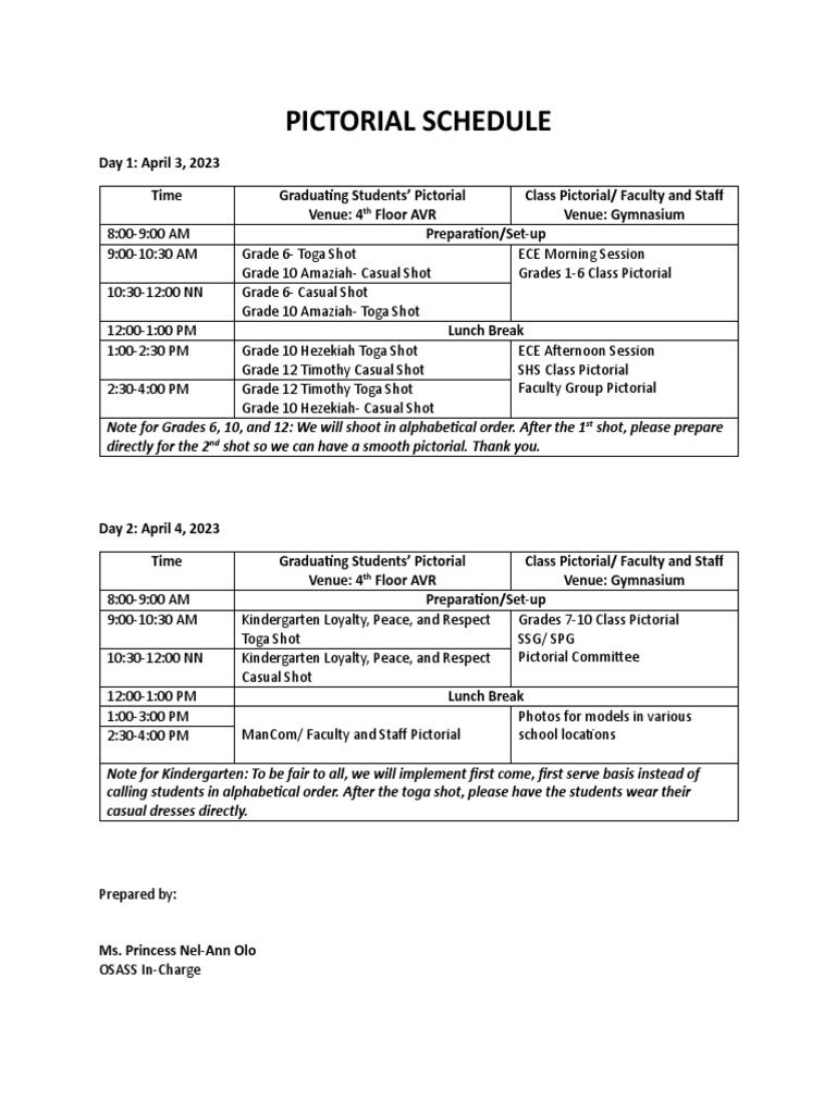 Pictorial Schedule | PDF