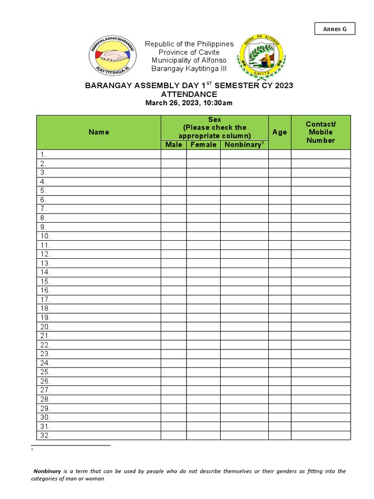 Barangay Assembly Day 1 Semester Cy 2023 Attendance PDF Human