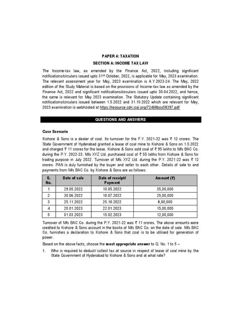 Paper 4 Taxation Section A Tax Law Questions and Answers PDF