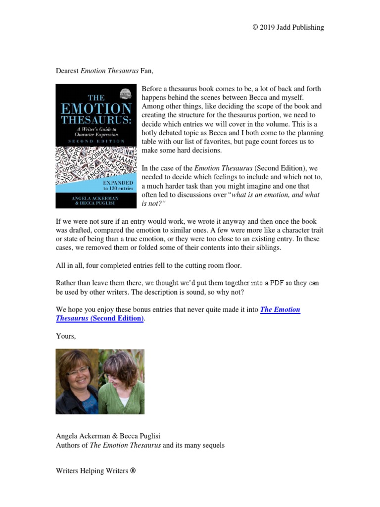 Emotion Thesaurus Second Edition Bonus Entries PDF Body Language