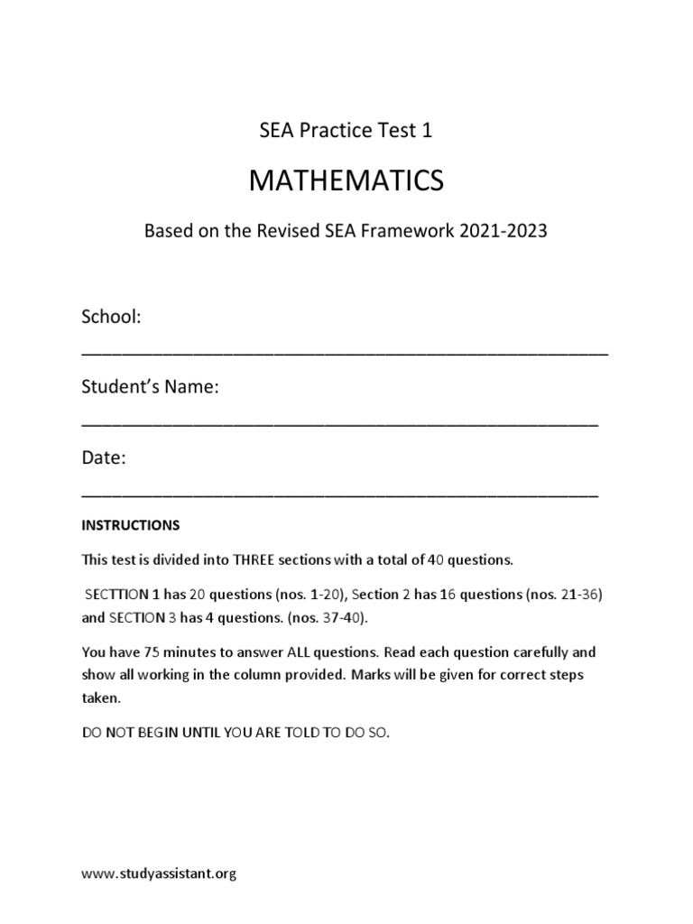 SEA Mathematics Practice Test 1 | PDF | Volume | Mathematics