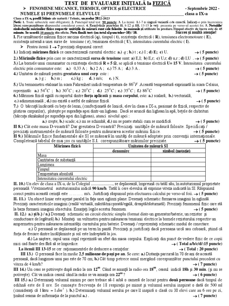 Test de Evaluare Initiala Fizica Clasa A Ixa 2022 | PDF