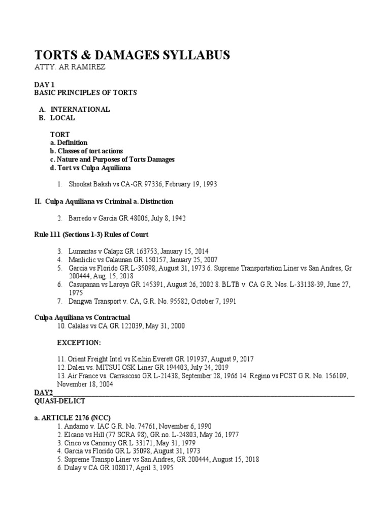 Torts and Damages Syllabus Overview | PDF | Tort | Justice
