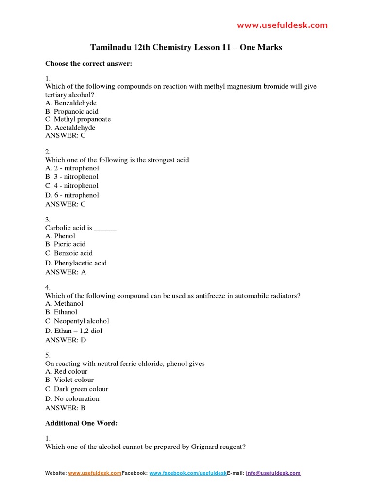 Tamilnadu 12th Chemistry Lesson 11 - One Marks: Choose The Correct ...