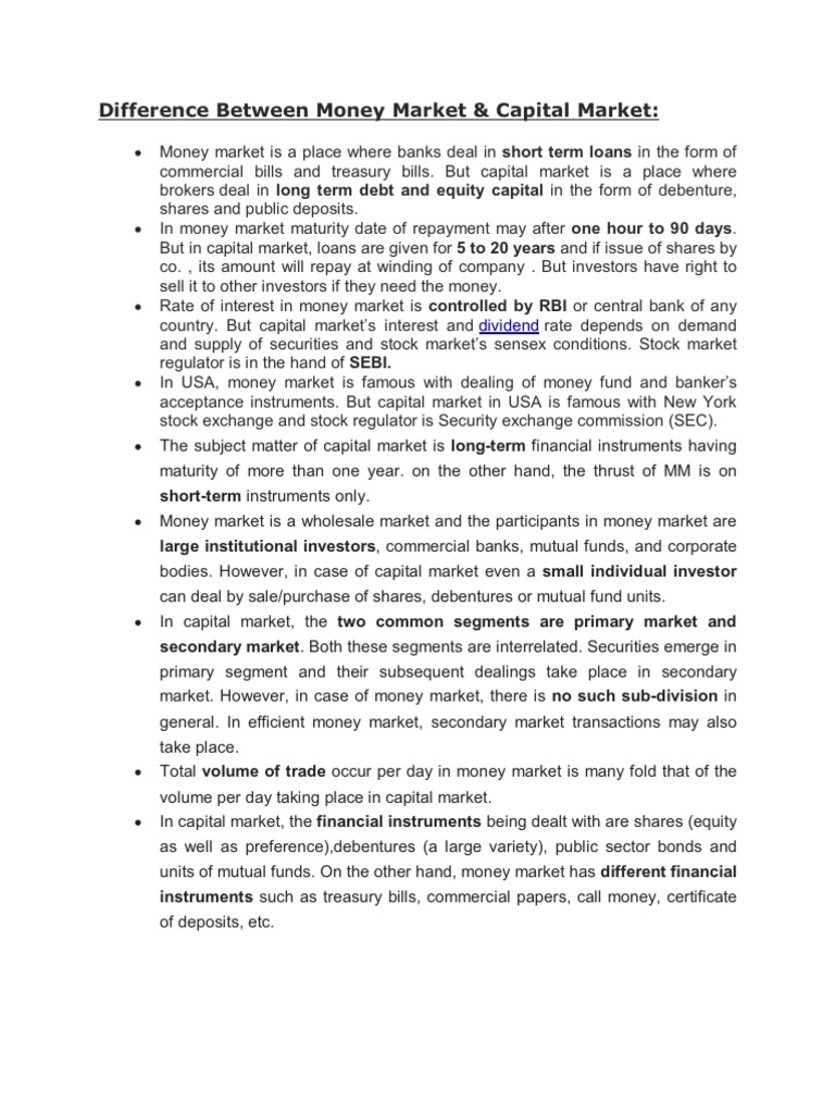 Money Market vs. Capital Market Explained | PDF