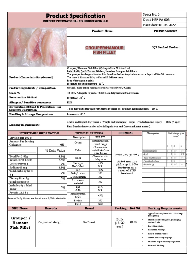 Grouper/Hamour Fish Fillet Specs | PDF | Packaging And Labeling | Meat