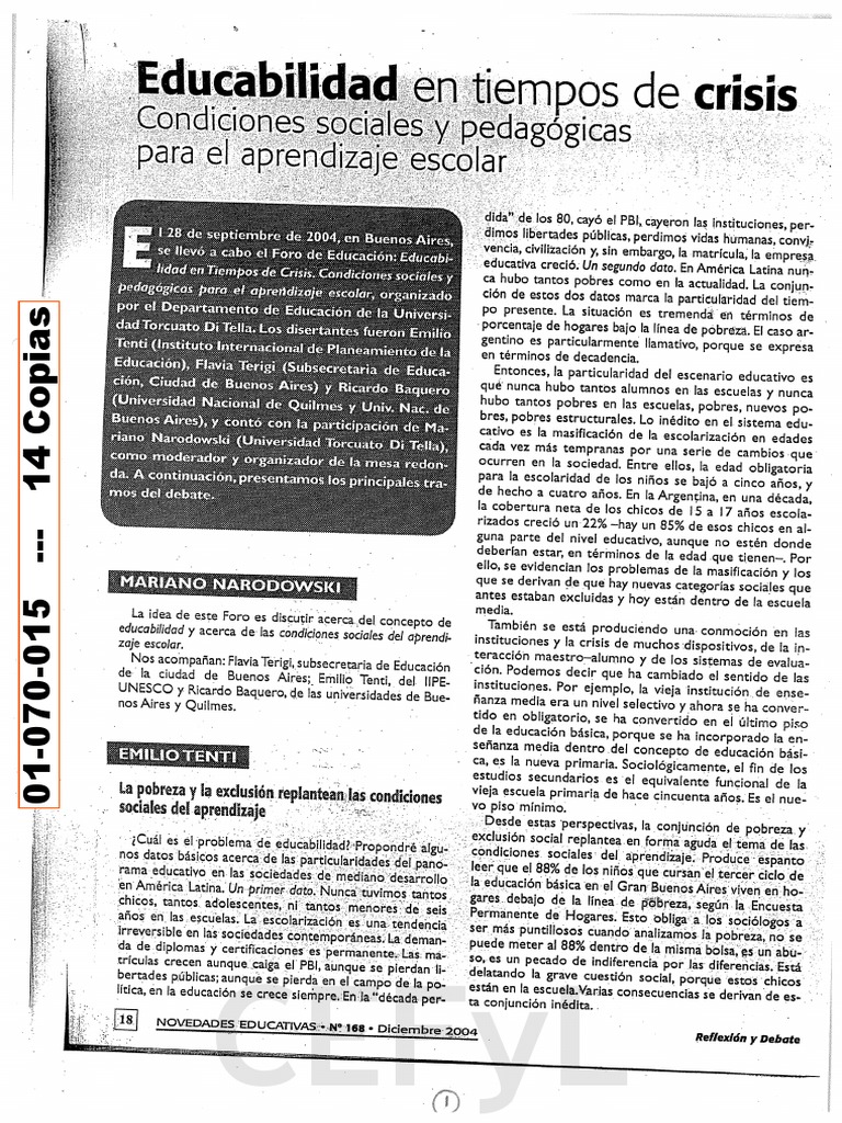 Baquero y Otros - La Educabilidad en Tiempos de Crisis | PDF